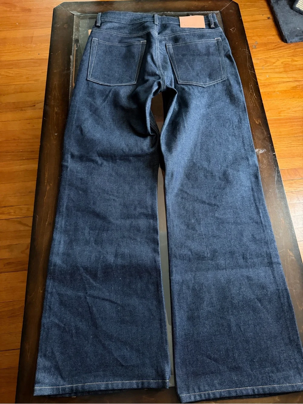 Acne Studios 2021M New RawDark Indigo Denim Jeans with Tan Leather Patch - Picture 3 of 5